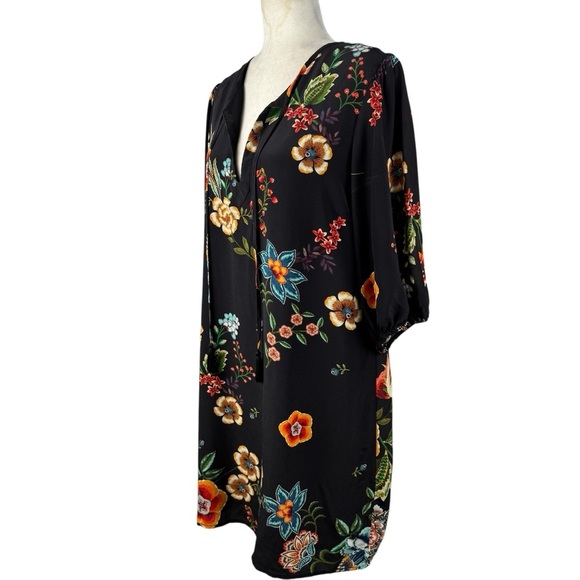 JOHNNY WAS Zorya Printed Floral Silk Mini Dress Black Puff Sleeve Size Medium - Picture 5 of 16